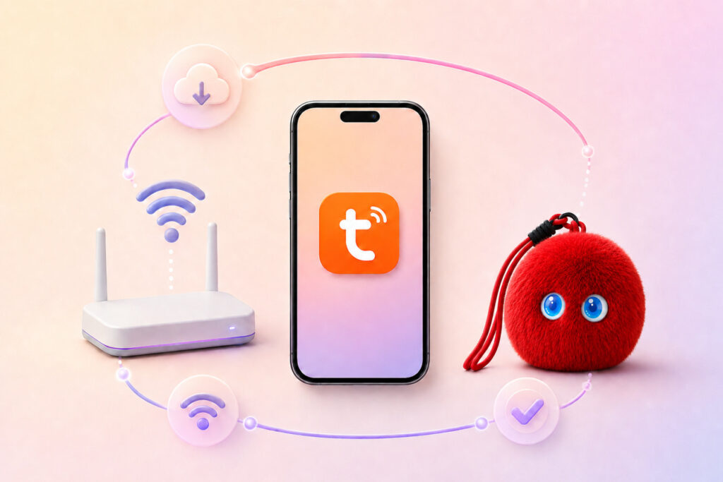 Telefon z aplikacją TUYA Smart, router Wi-Fi i pluszak AIOMY